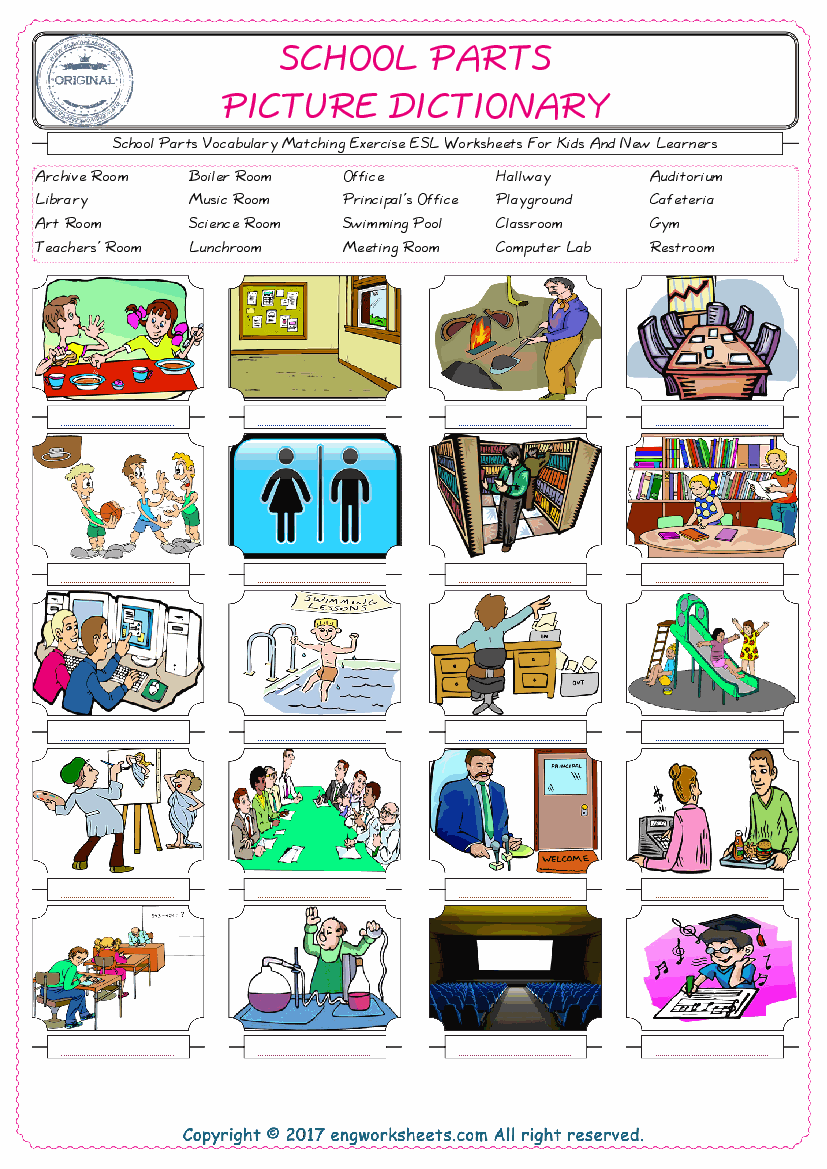  School Parts for Kids ESL Word Matching English Exercise Worksheet. 